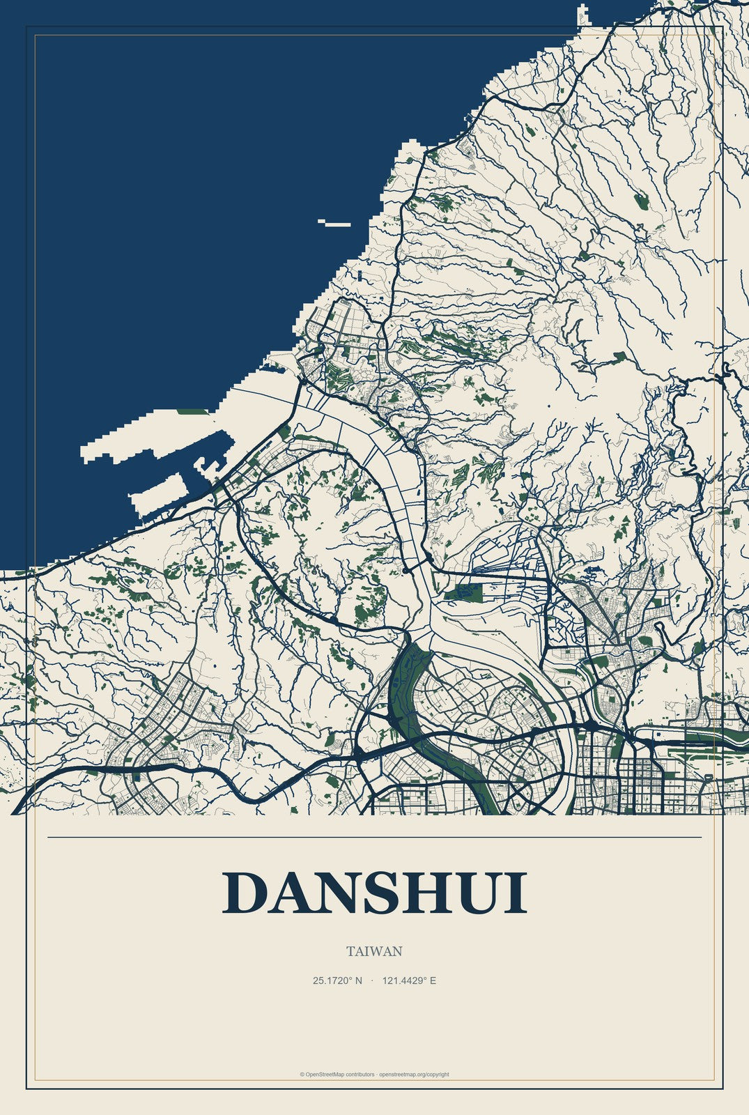 Danshui, Taiwan City Map Aluminum Sign in Coastal Cutout style