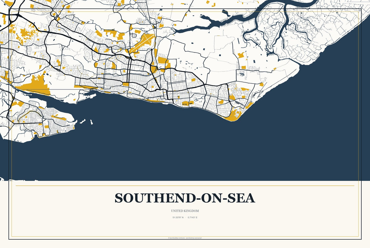 Southend-on-Sea, United Kingdom City Map Aluminum Sign in Citrine Modern style