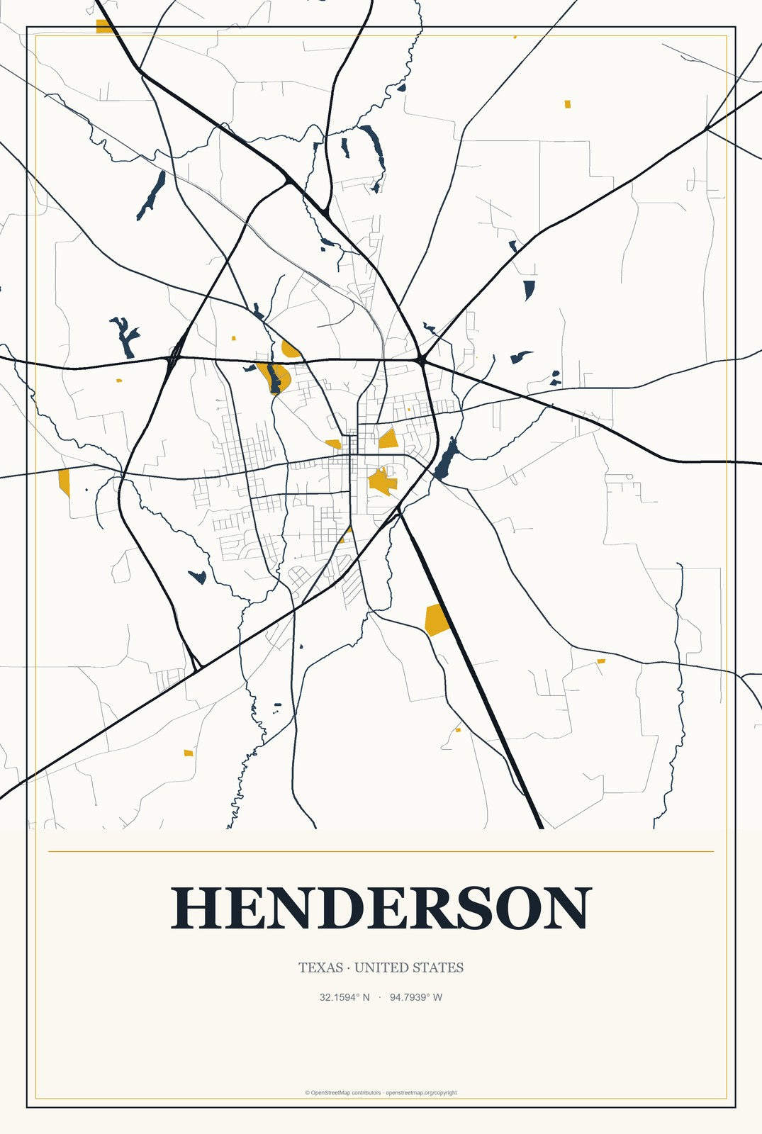 Henderson, Texas City Map Aluminum Sign in Citrine Modern style