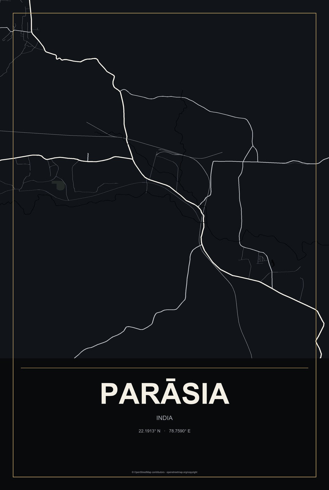 Parāsia, India City Map Aluminum Sign in Metropolitan Noir style