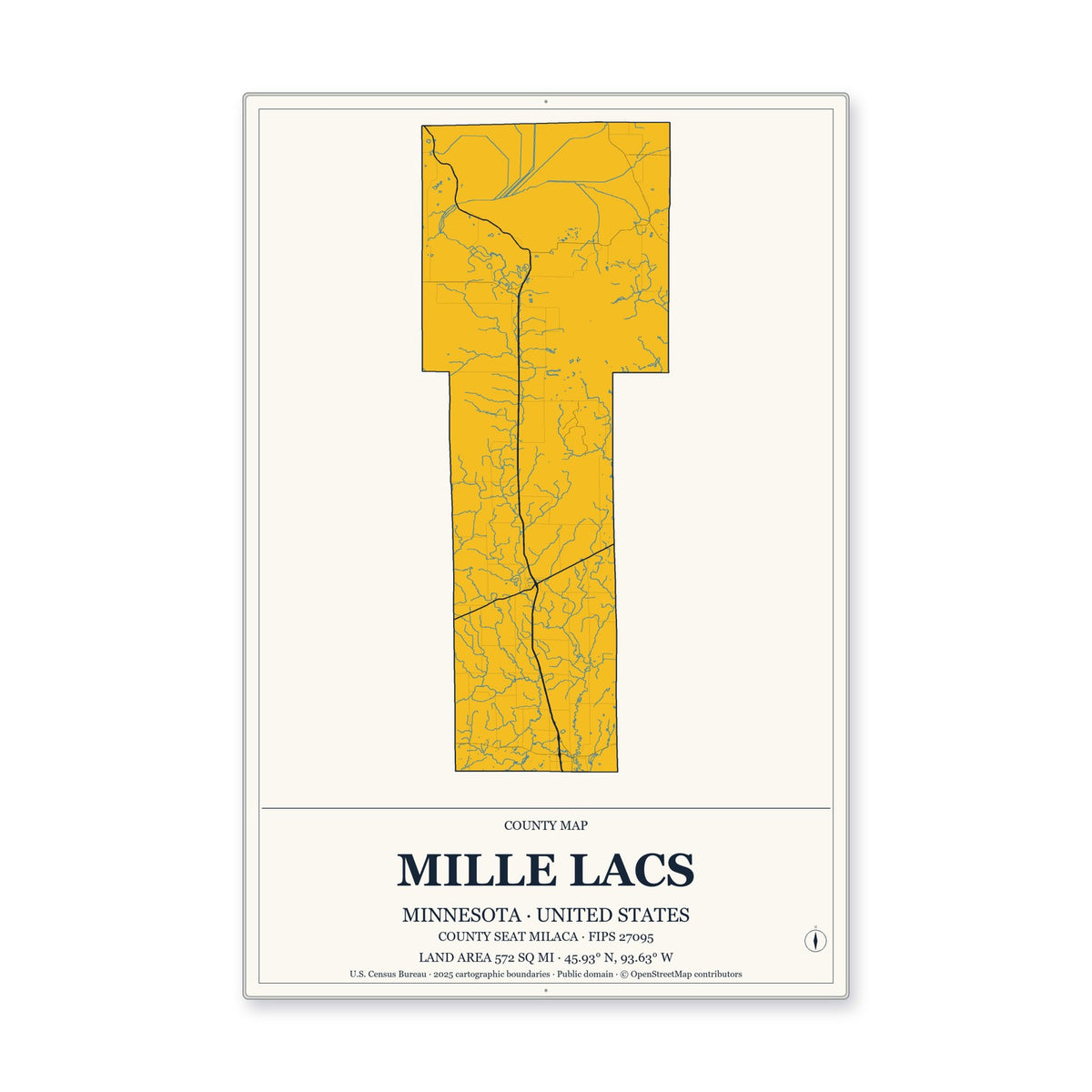 Mille Lacs County, Minnesota Map Aluminum Sign in Citrine Modern style