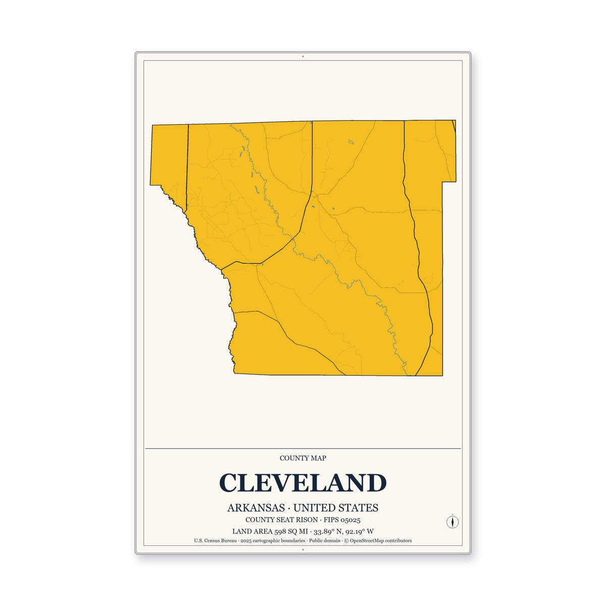 Cleveland County, Arkansas Map Aluminum Sign in Citrine Modern style