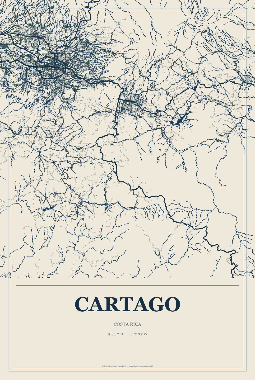 Cartago, Costa Rica City Map Aluminum Sign in Coastal Cutout style