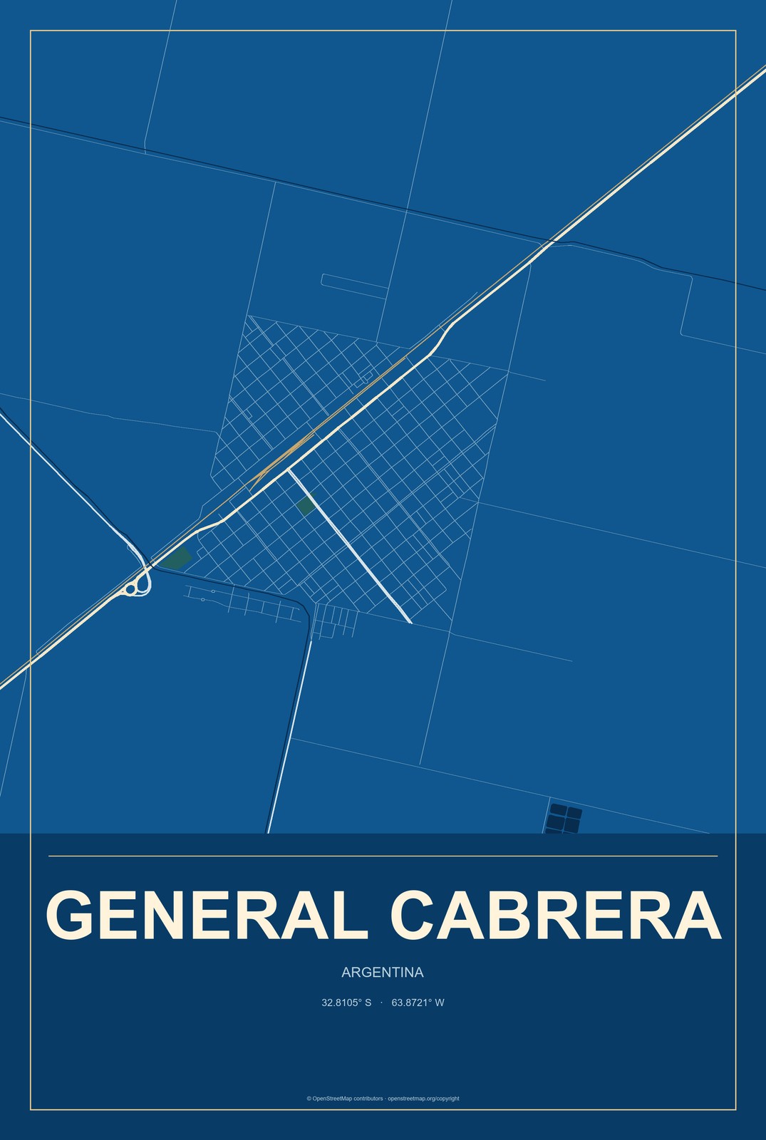 General Cabrera, Argentina City Map Aluminum Sign in Harbor Cobalt style