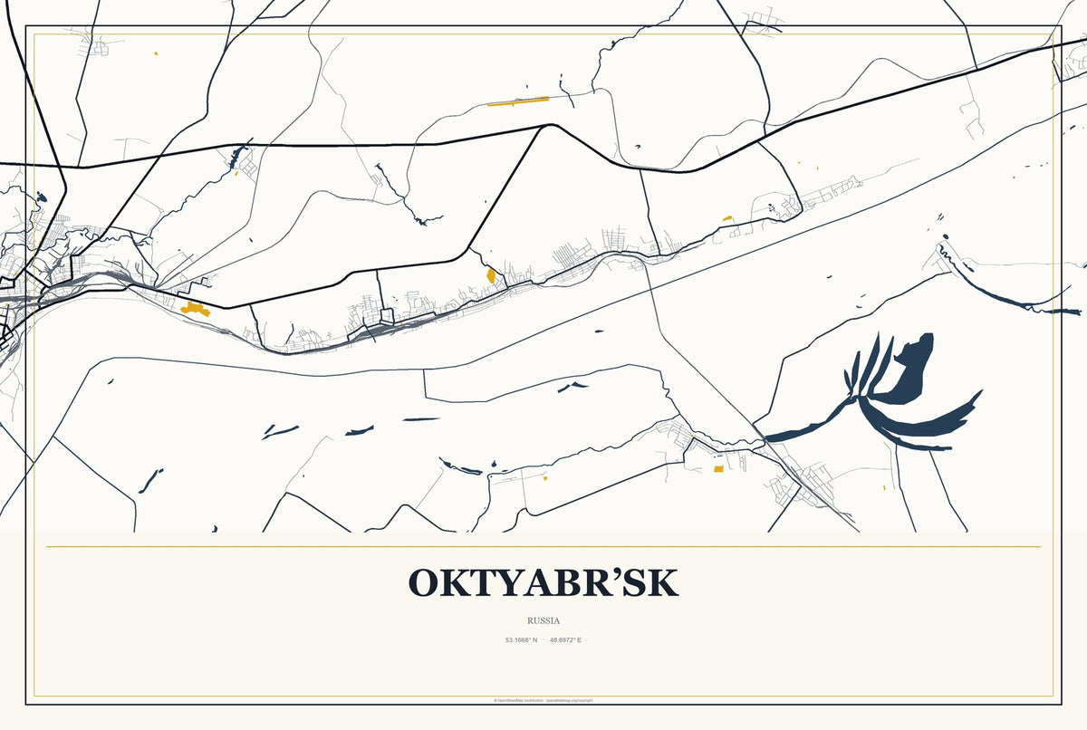 Oktyabr’sk, Russia City Map Aluminum Sign in Citrine Modern style