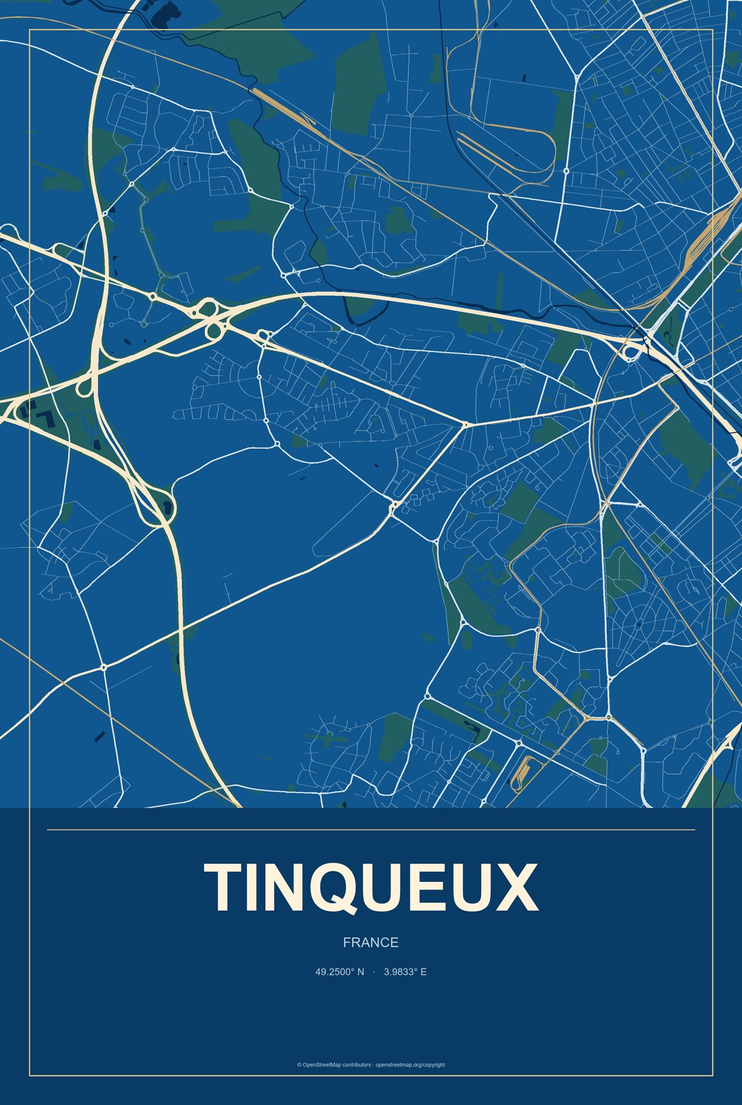 Tinqueux, France City Map Aluminum Sign in Harbor Cobalt style