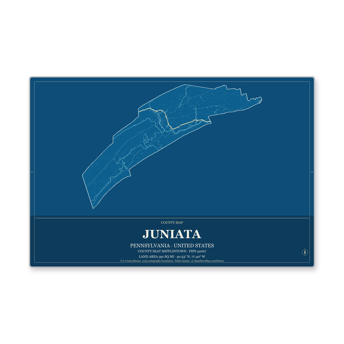 Juniata County, Pennsylvania Map Aluminum Sign in Harbor Cobalt style