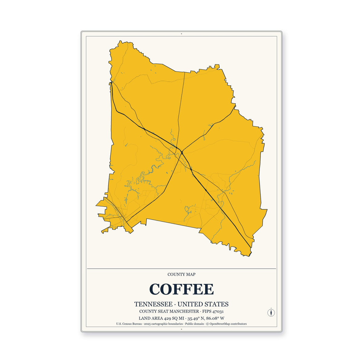 Coffee County, Tennessee Map Aluminum Sign in Citrine Modern style