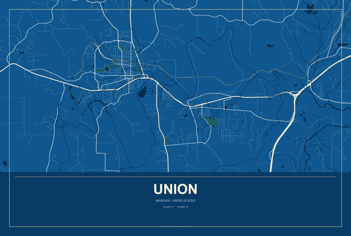 Union, Missouri City Map Aluminum Sign in Harbor Cobalt style
