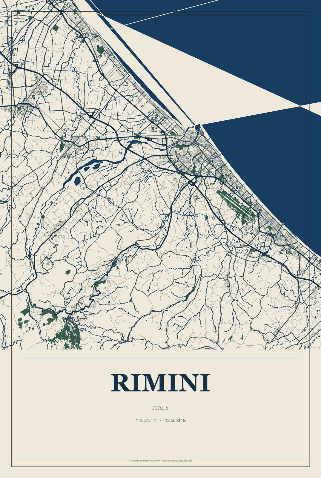 Rimini, Italy City Map Aluminum Sign in Coastal Cutout style