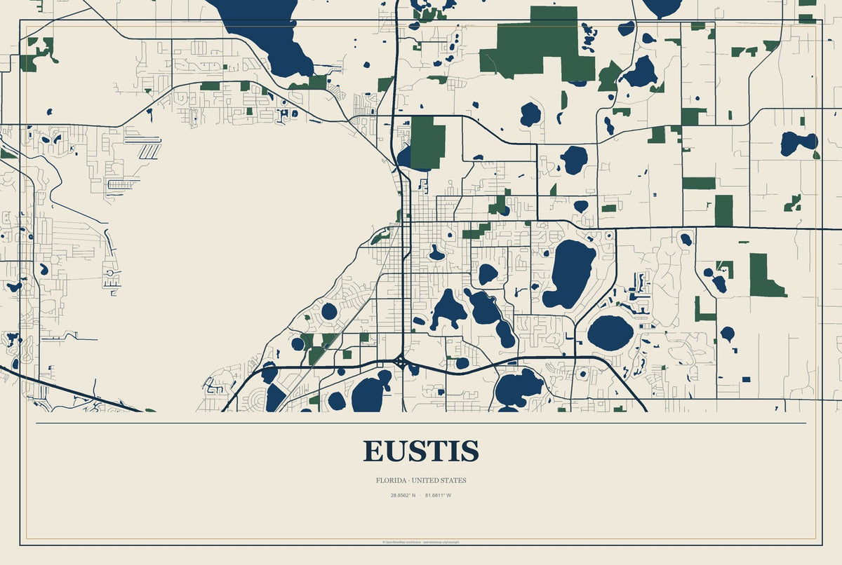 Eustis, Florida City Map Aluminum Sign in Coastal Cutout style