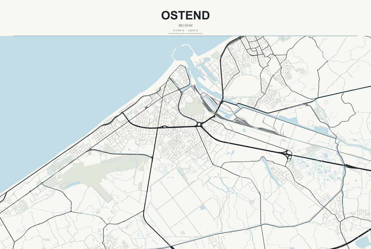 Ostend, Belgium City Map Aluminum Sign in Headline Atlas style
