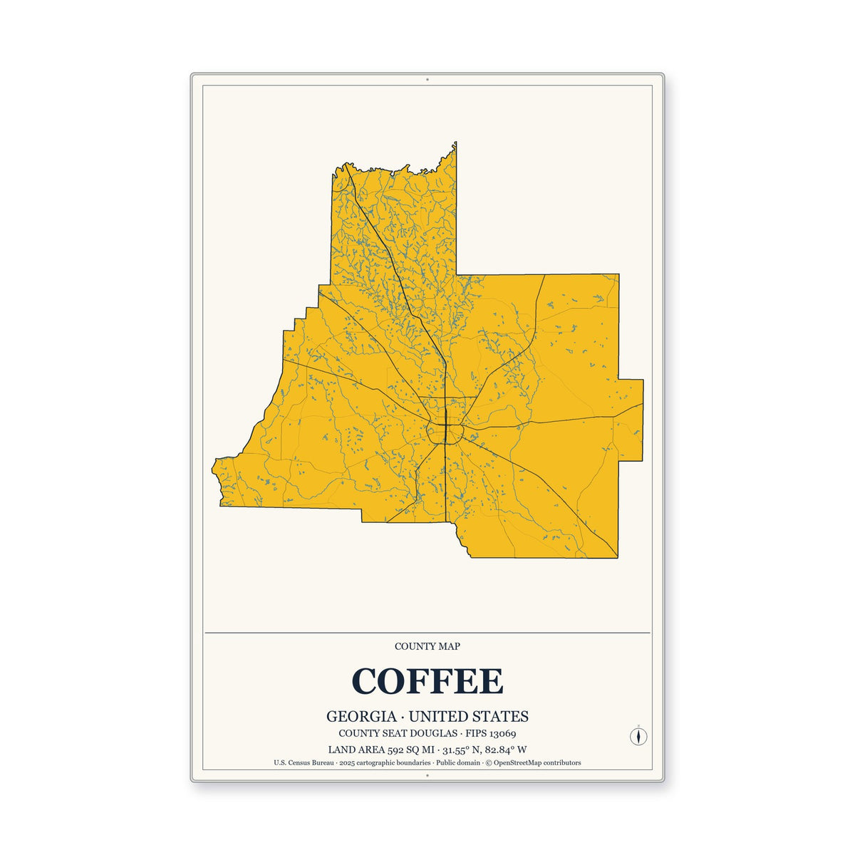 Coffee County, Georgia Map Aluminum Sign in Citrine Modern style