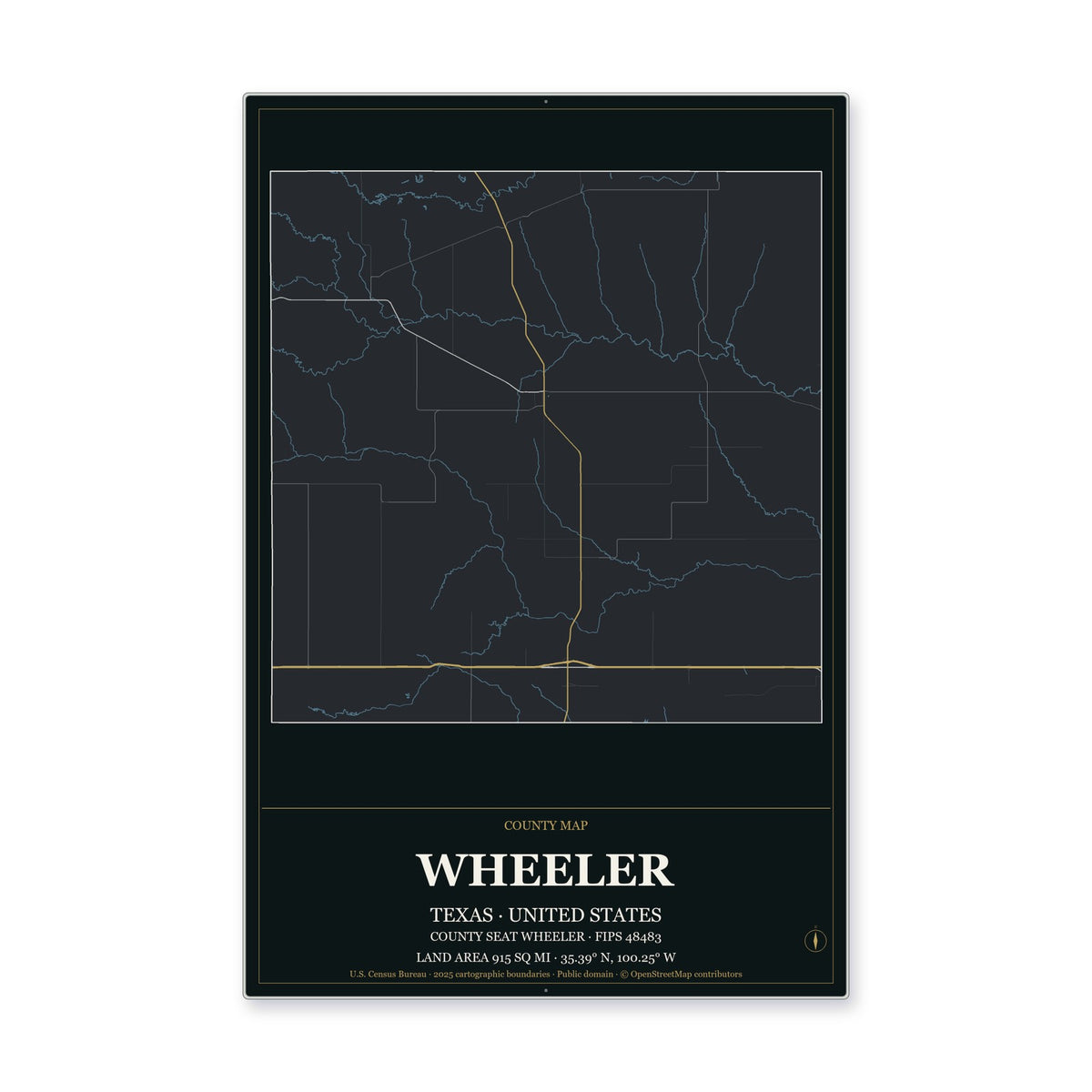 Wheeler County, Texas Map Aluminum Sign in Metropolitan Noir style