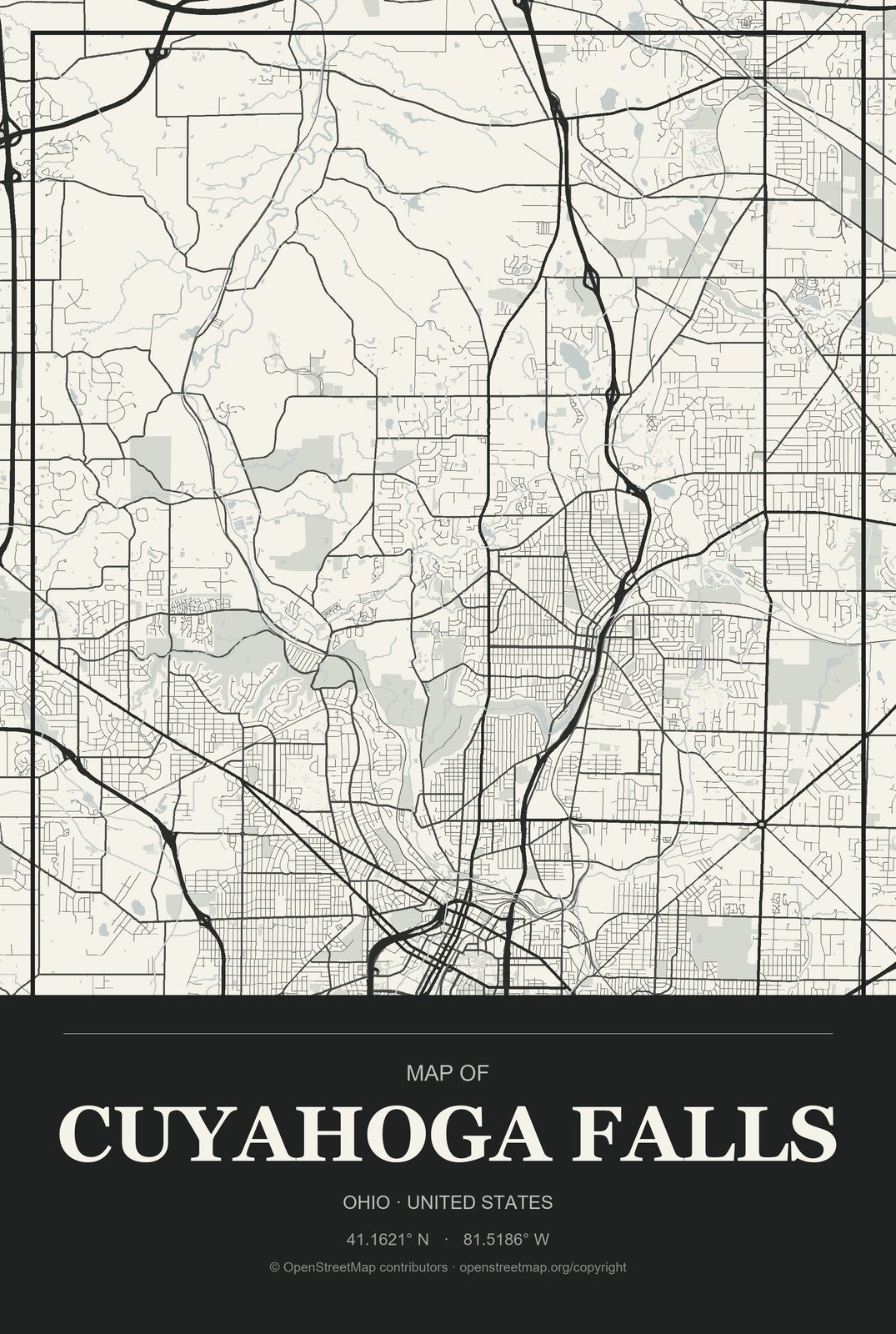 Cuyahoga Falls, Ohio City Map Aluminum Sign in Museum Plaque style