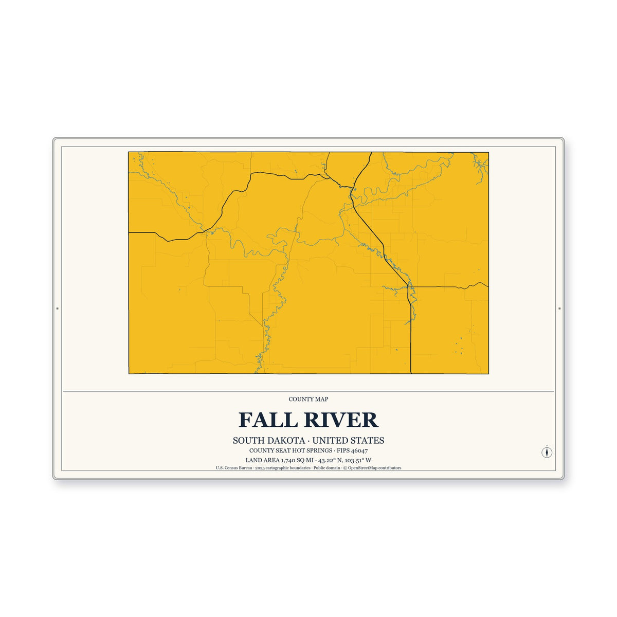 Fall River County, South Dakota Map Aluminum Sign in Citrine Modern style