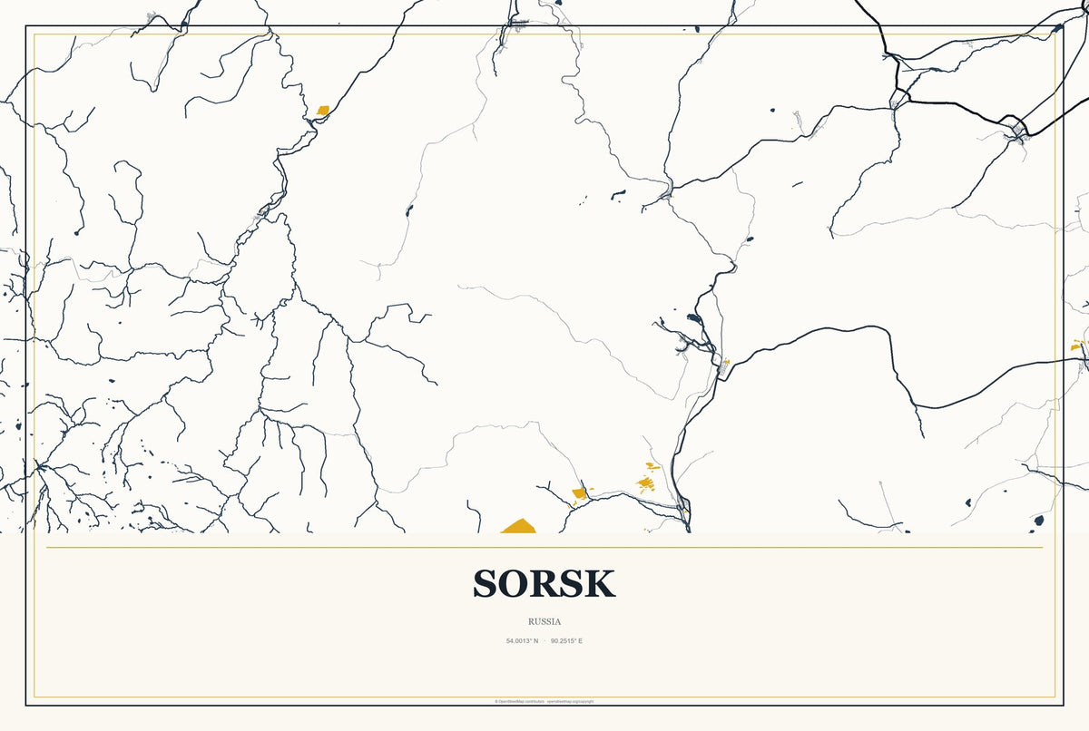 Sorsk, Russia City Map Aluminum Sign in Citrine Modern style