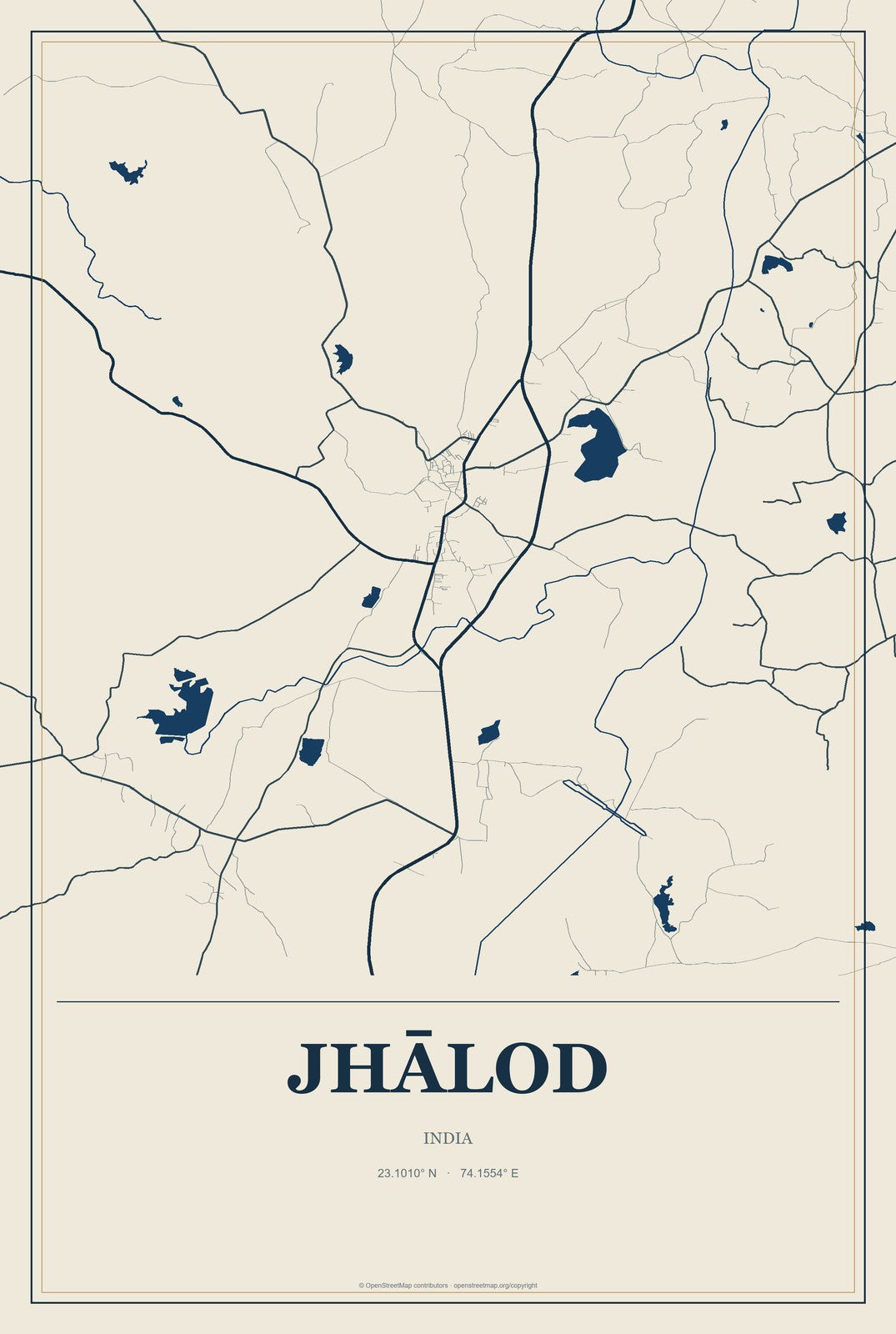 Jhālod, India City Map Aluminum Sign in Coastal Cutout style