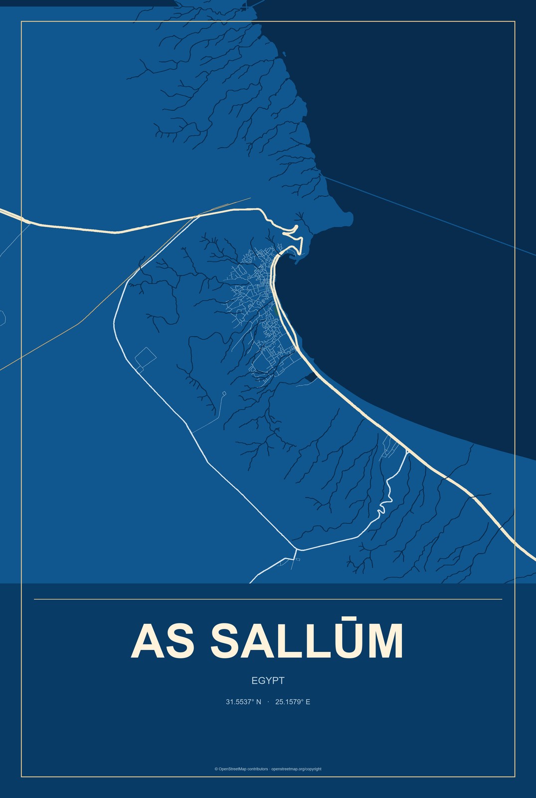As Sallūm, Egypt City Map Aluminum Sign in Harbor Cobalt style