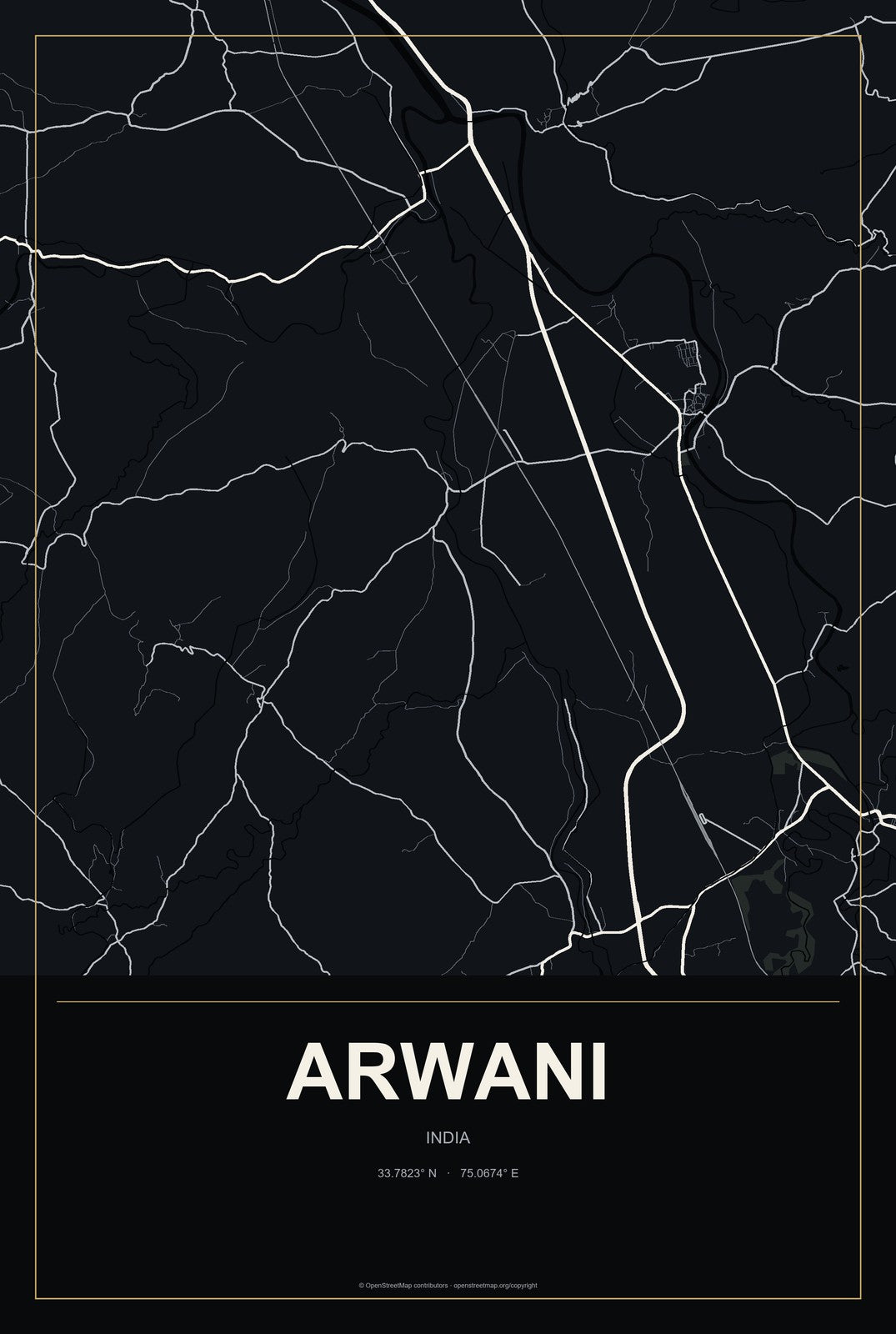 Arwani, India City Map Aluminum Sign in Metropolitan Noir style