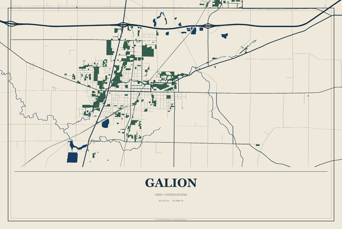 Galion, Ohio City Map Aluminum Sign in Coastal Cutout style