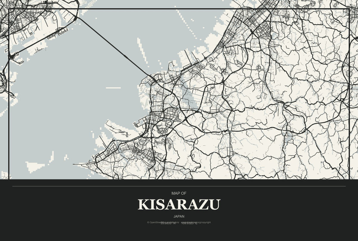 Kisarazu, Japan City Map Aluminum Sign in Museum Plaque style