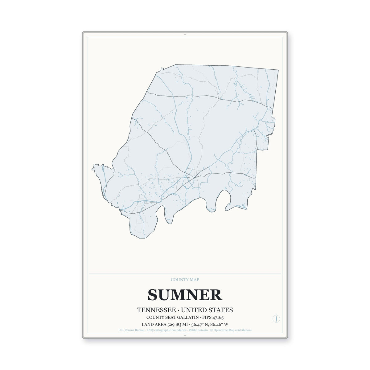 Sumner County, Tennessee Map Aluminum Sign in Gallery Air style