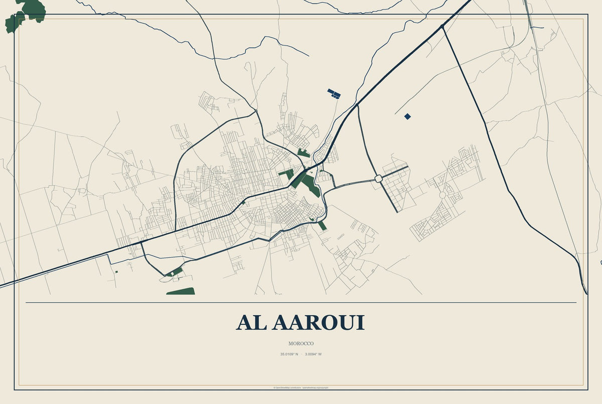 Al Aaroui, Morocco City Map Aluminum Sign in Coastal Cutout style