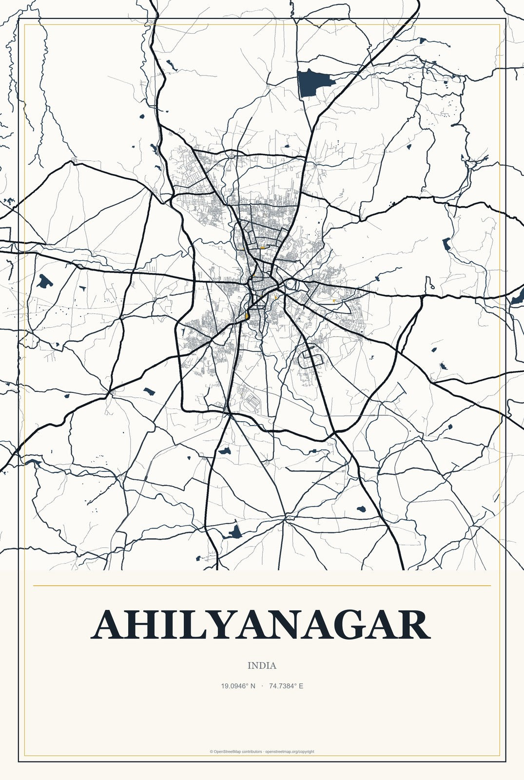 Ahilyanagar, India City Map Aluminum Sign in Citrine Modern style