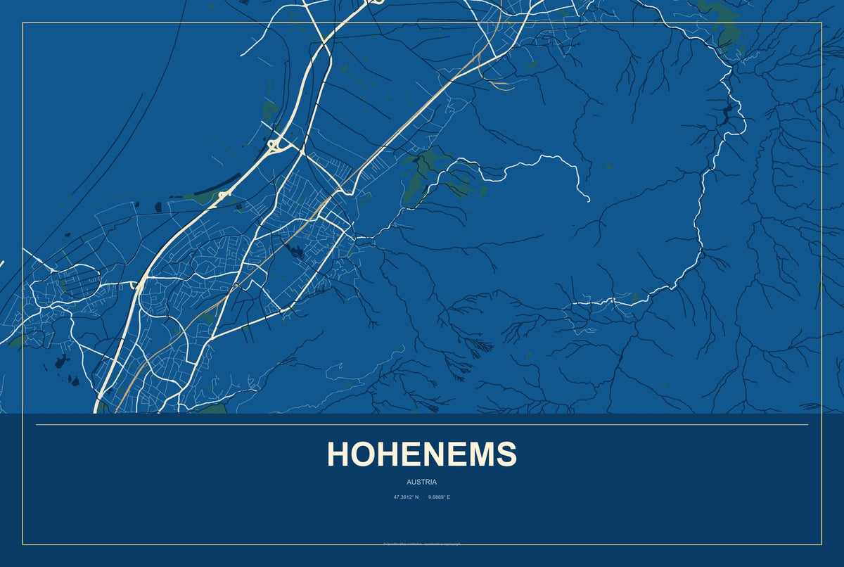 Hohenems, Austria City Map Aluminum Sign in Harbor Cobalt style