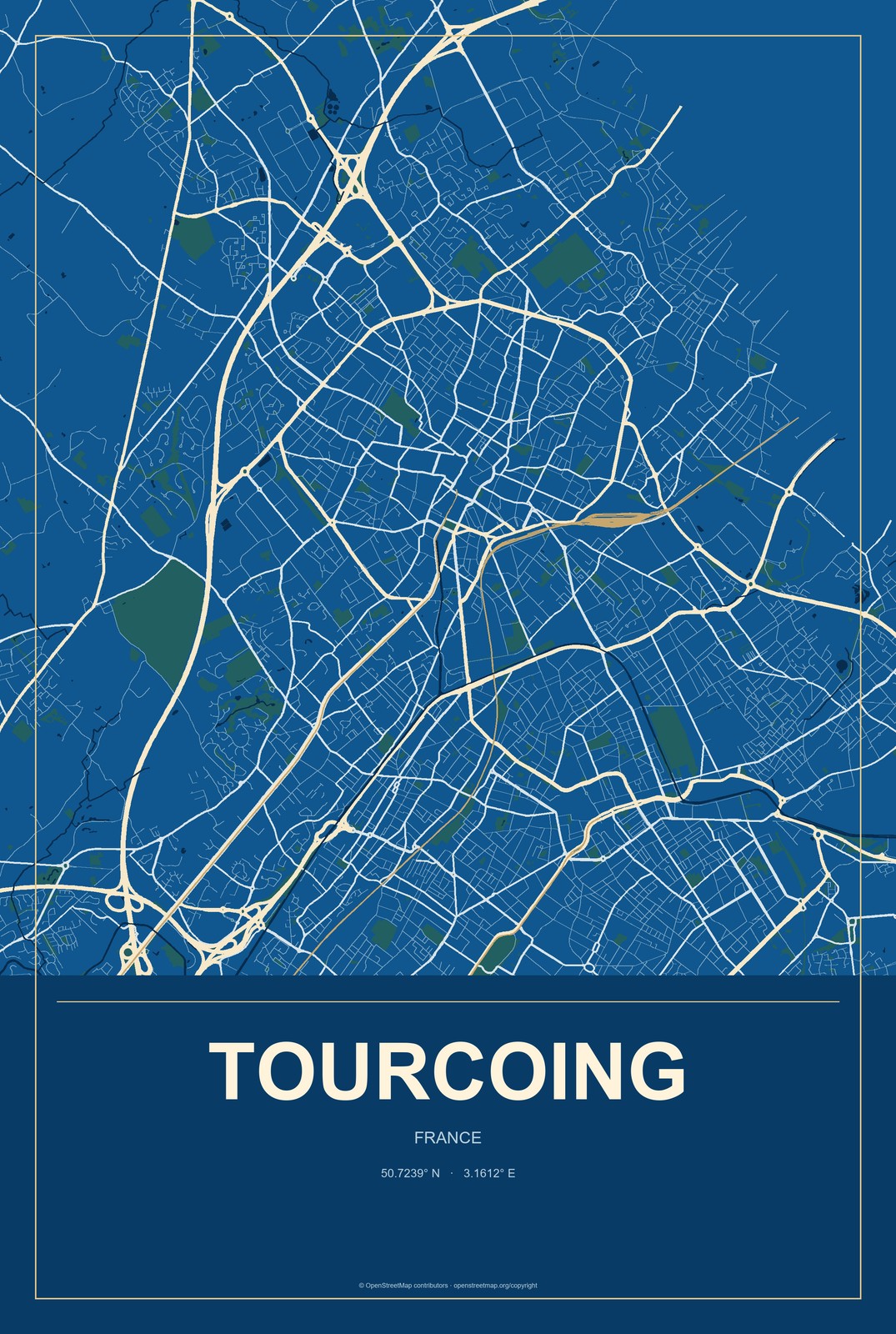 Tourcoing, France City Map Aluminum Sign in Harbor Cobalt style