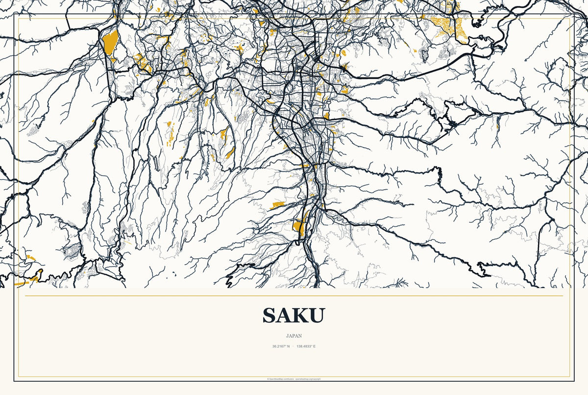 Saku, Japan City Map Aluminum Sign in Citrine Modern style