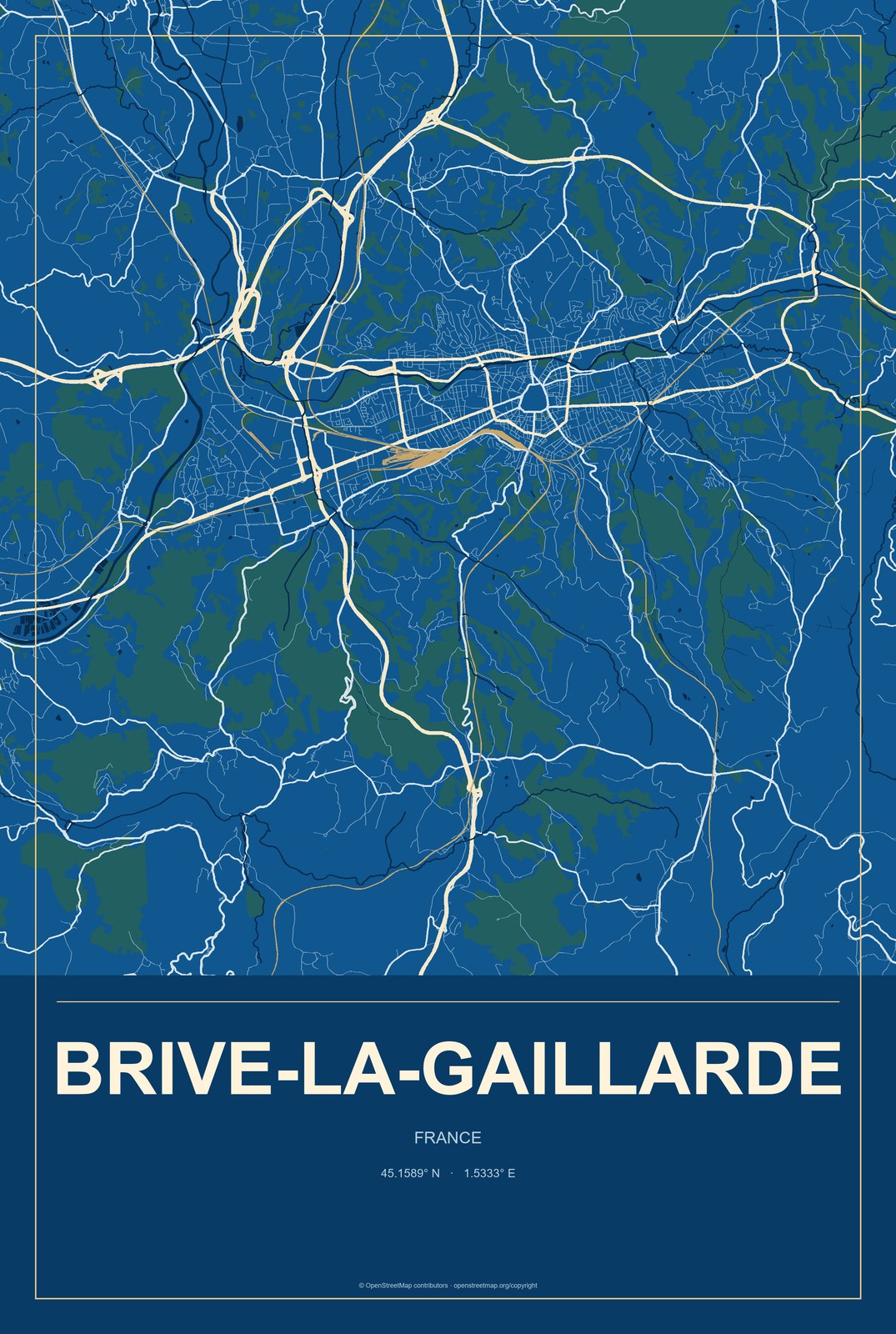 Brive-la-Gaillarde, France City Map Aluminum Sign in Harbor Cobalt style