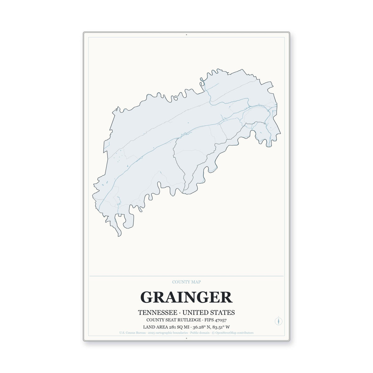Grainger County, Tennessee Map Aluminum Sign in Gallery Air style