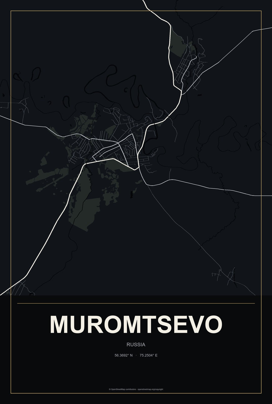 Muromtsevo, Russia City Map Aluminum Sign in Metropolitan Noir style
