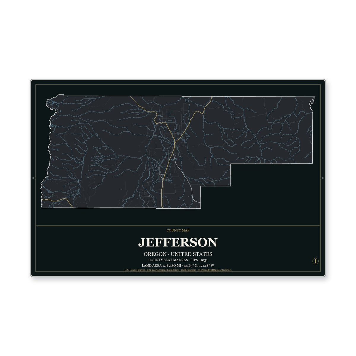 Jefferson County, Oregon Map Aluminum Sign in Metropolitan Noir style