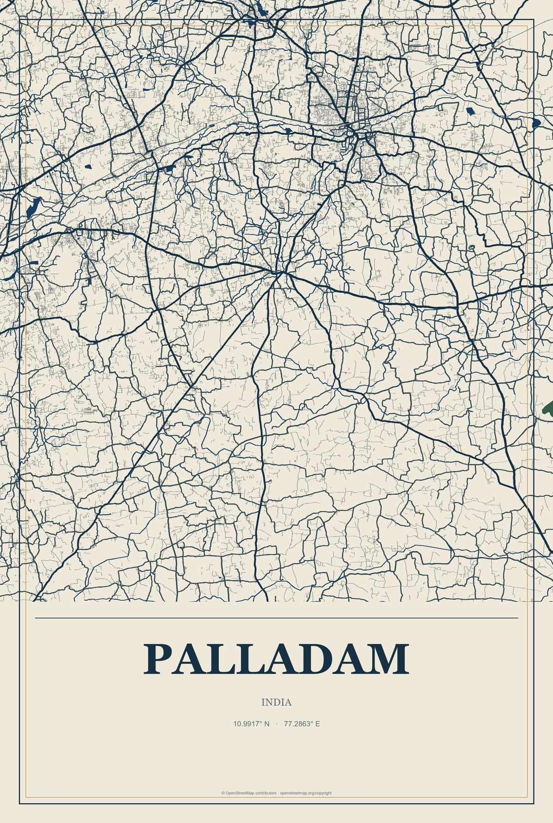 Palladam, India City Map Aluminum Sign in Coastal Cutout style