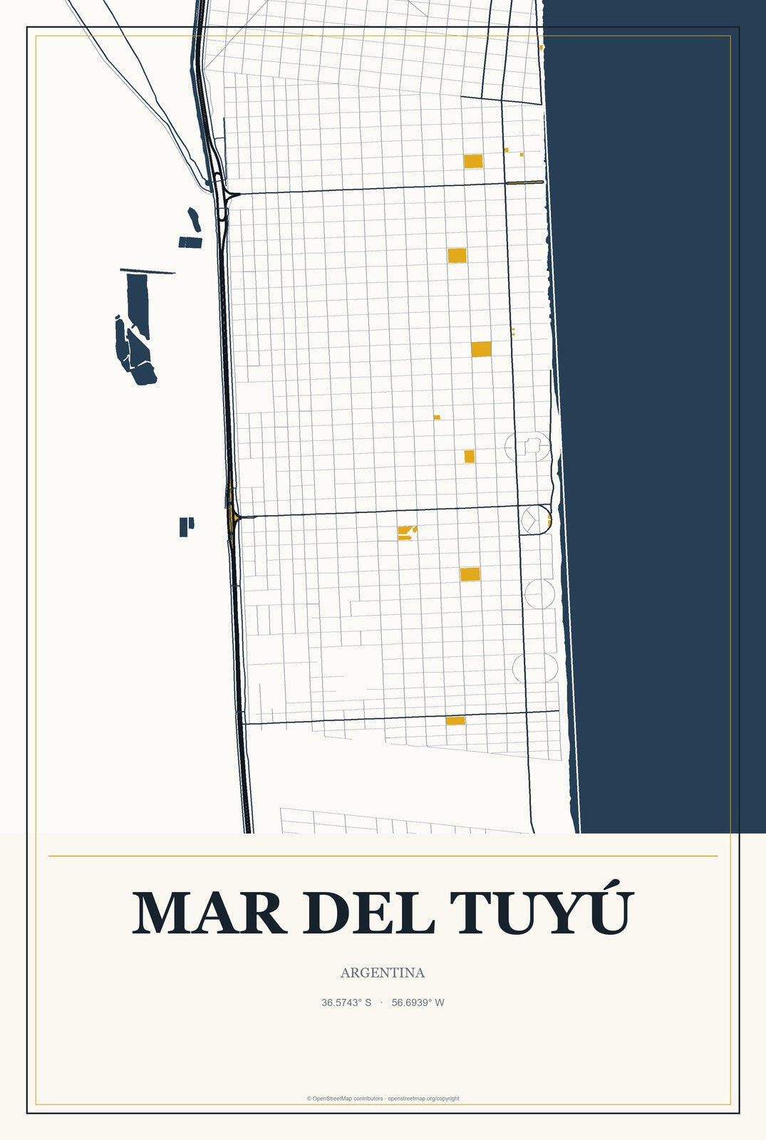 Mar del Tuyú, Argentina City Map Aluminum Sign in Citrine Modern style