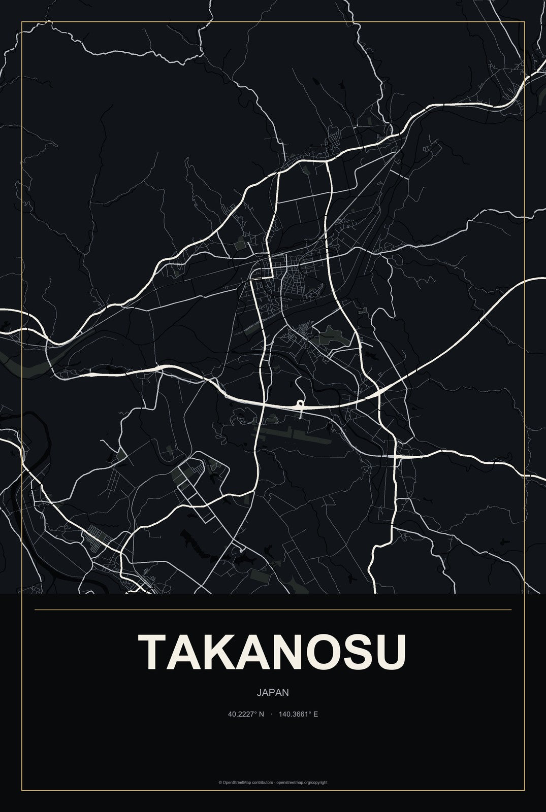 Takanosu, Japan City Map Aluminum Sign in Metropolitan Noir style