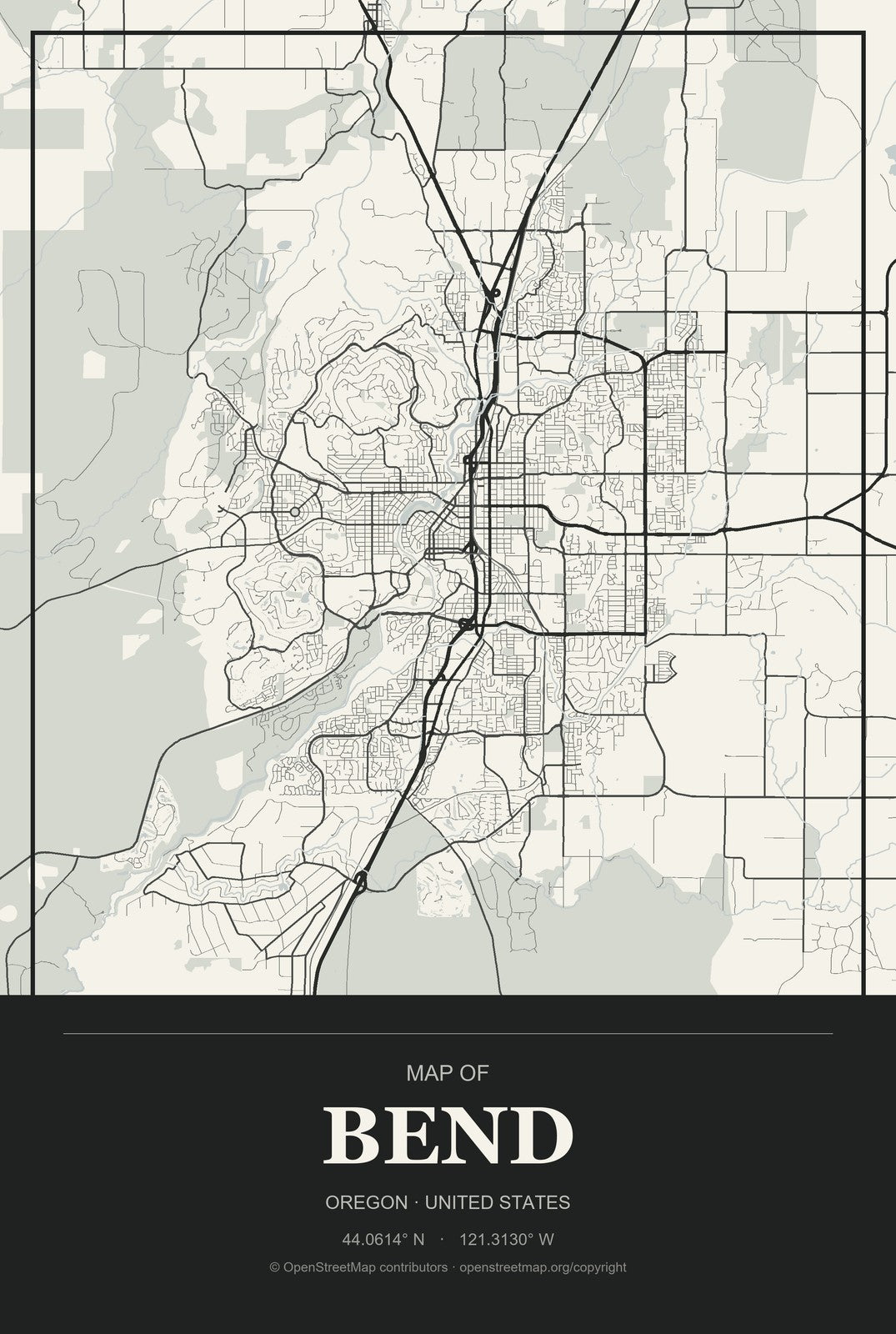 Bend, Oregon City Map Aluminum Sign in Museum Plaque style