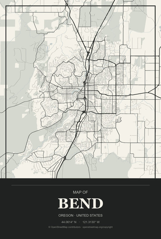 Bend, Oregon City Map Aluminum Sign in Museum Plaque style