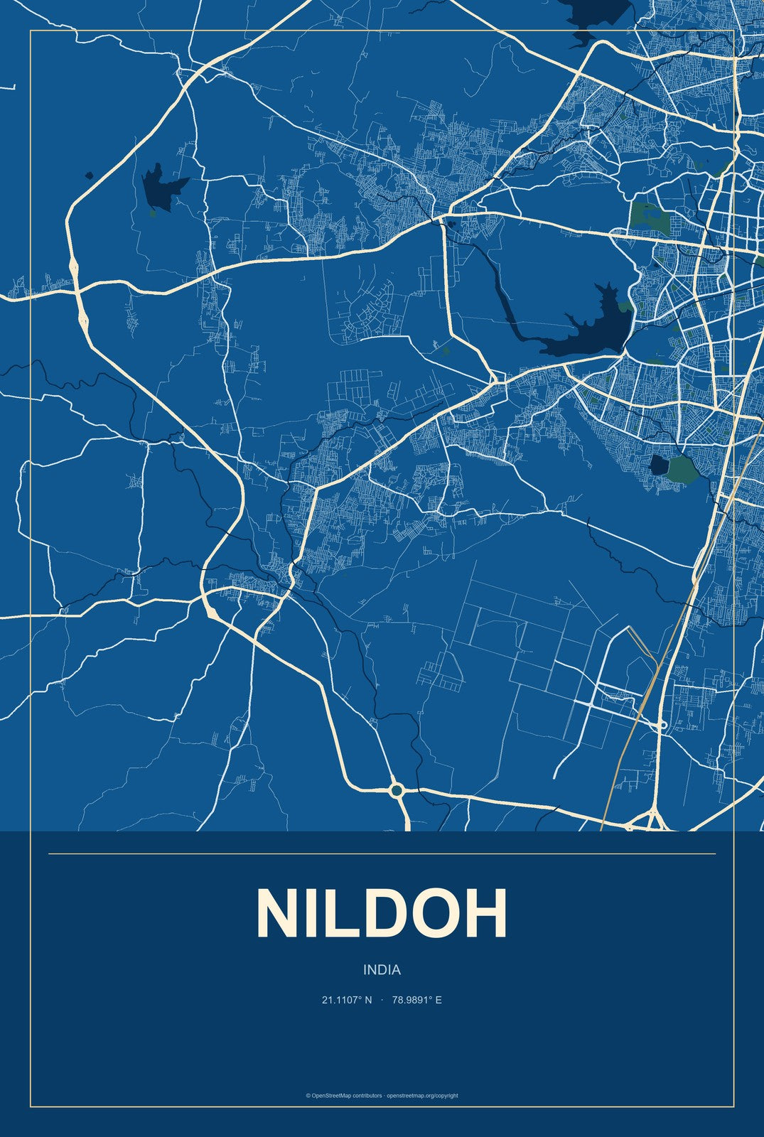 Nildoh, India City Map Aluminum Sign in Harbor Cobalt style