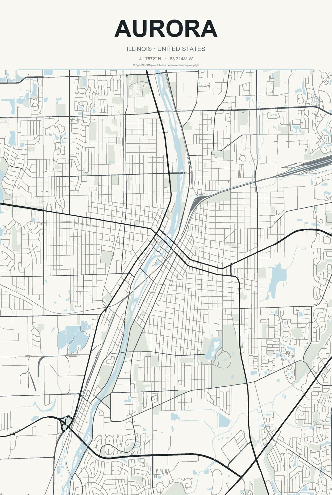 Aurora, Illinois City Map Aluminum Sign in Headline Atlas style