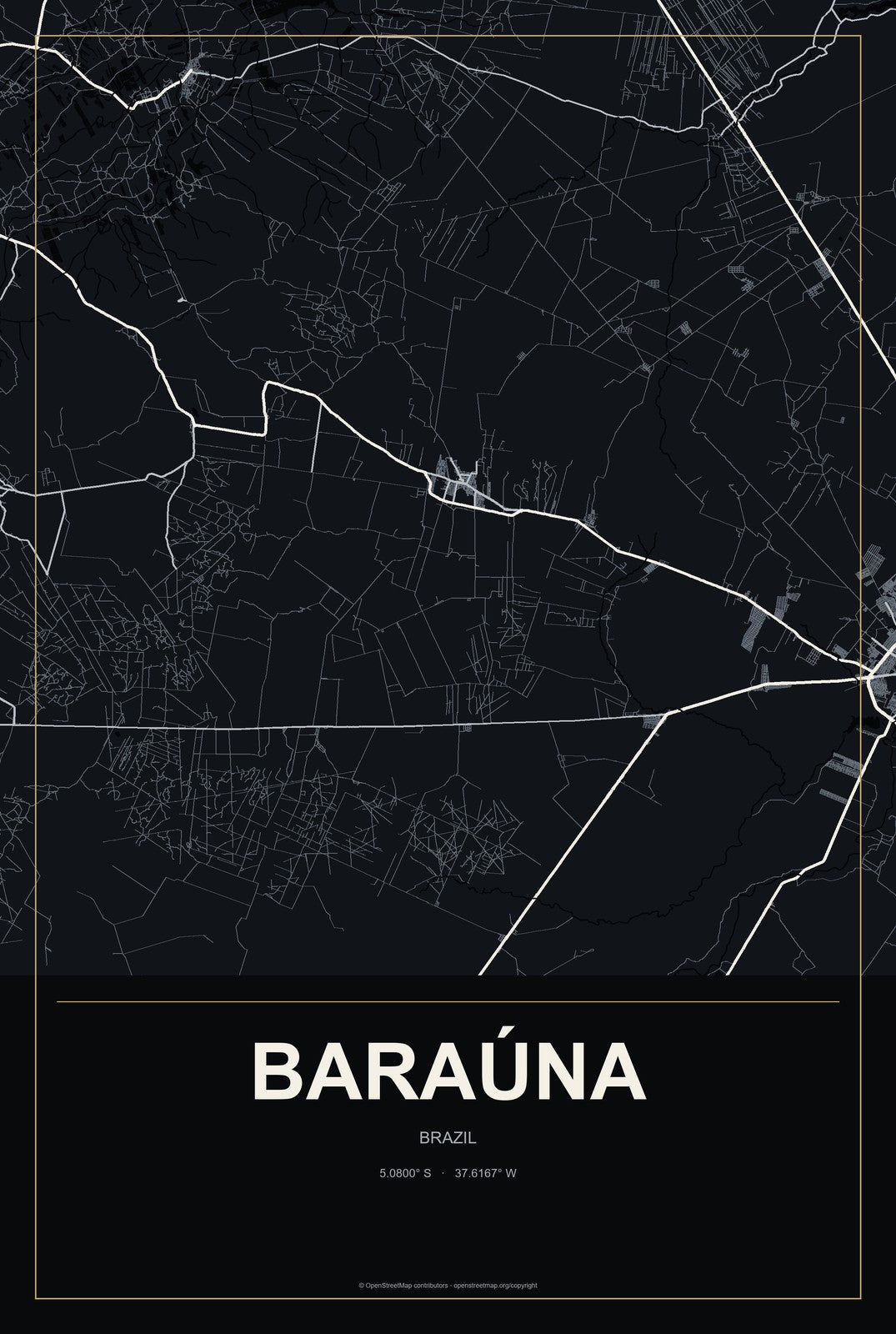Baraúna, Brazil City Map Aluminum Sign in Metropolitan Noir style