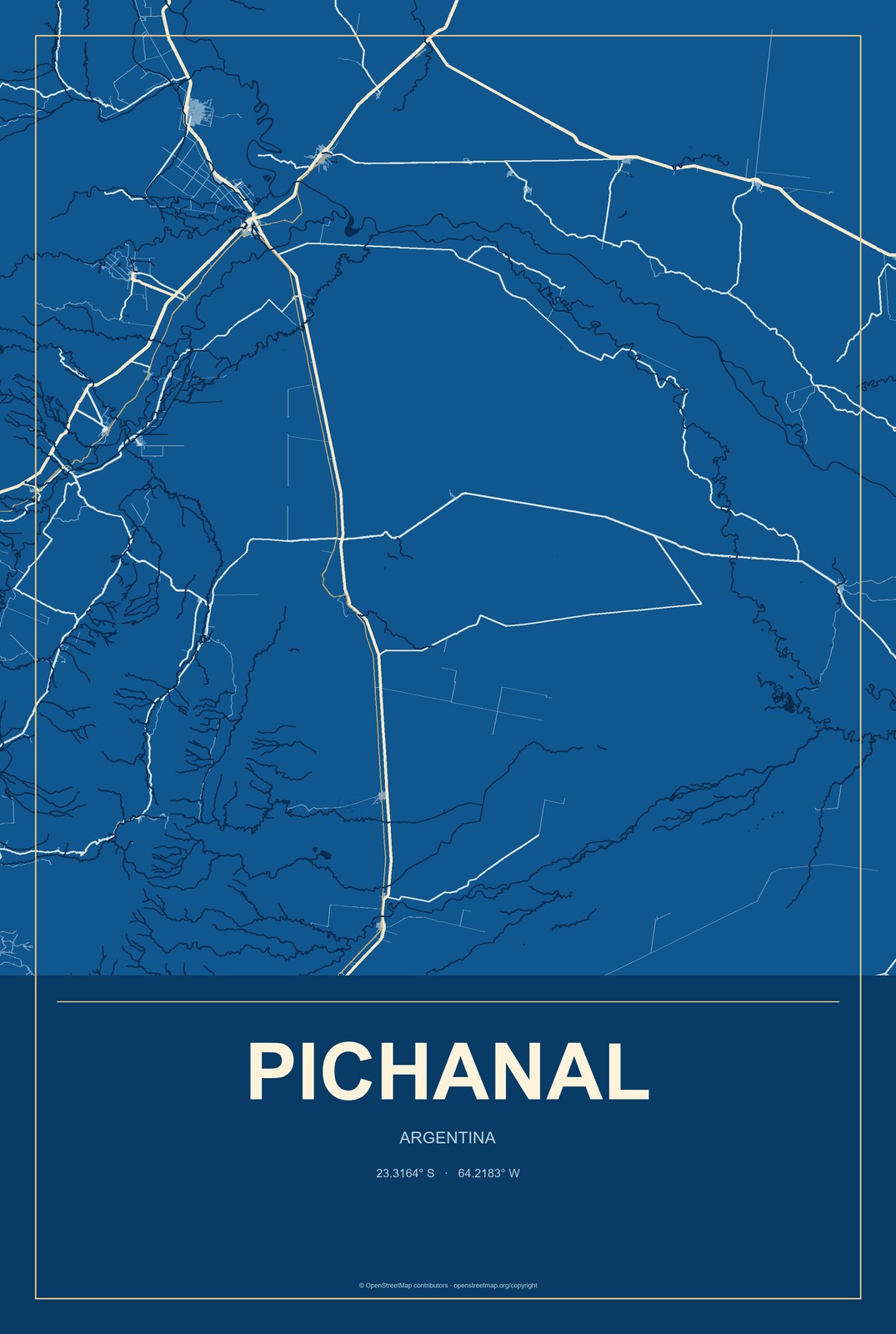 Pichanal, Argentina City Map Aluminum Sign in Harbor Cobalt style