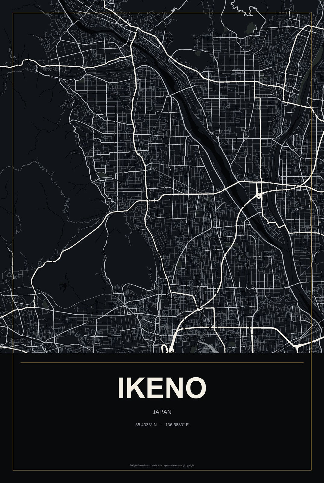 Ikeno, Japan City Map Aluminum Sign in Metropolitan Noir style