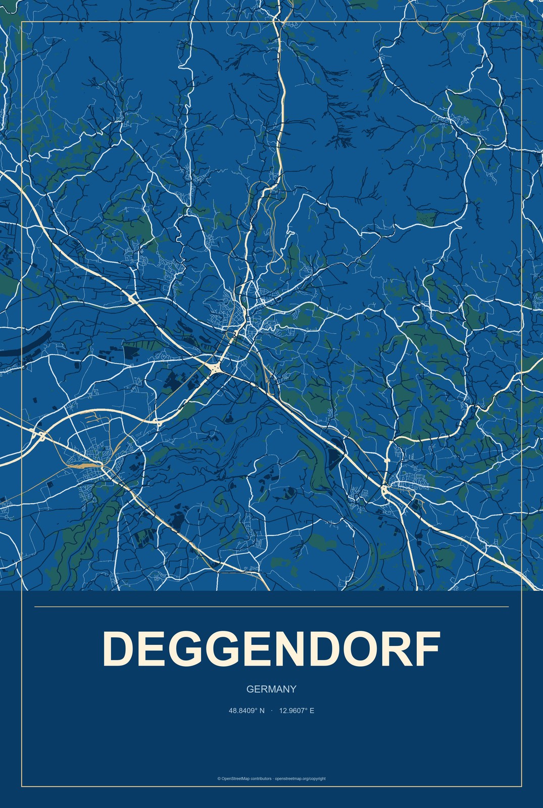 Deggendorf, Germany City Map Aluminum Sign in Harbor Cobalt style