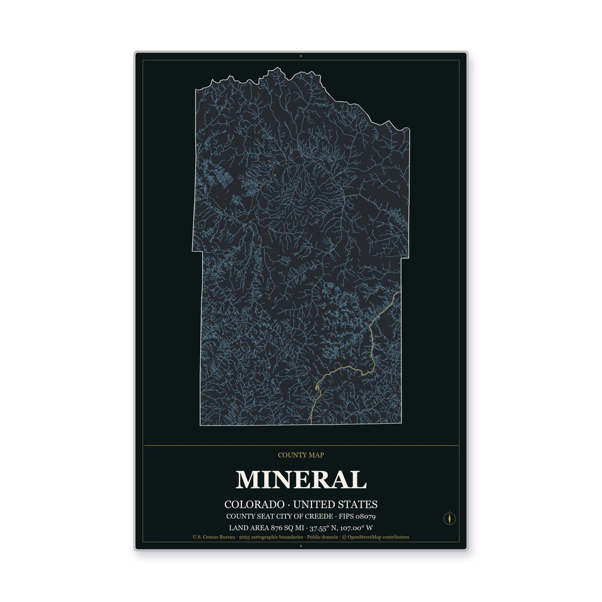 Mineral County, Colorado Map Aluminum Sign in Metropolitan Noir style