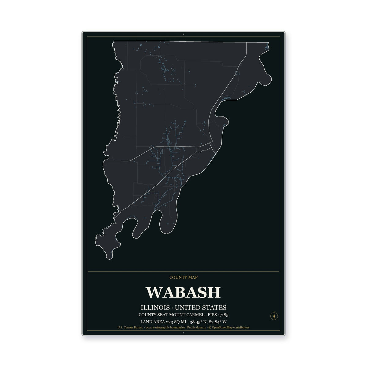 Wabash County, Illinois Map Aluminum Sign in Metropolitan Noir style