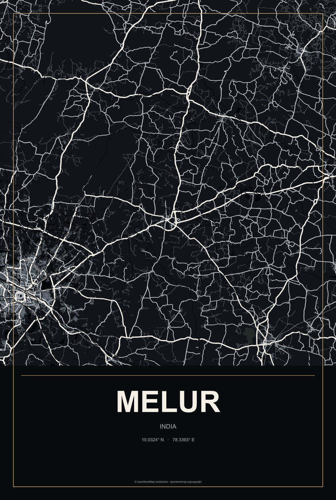 Melur, India City Map Aluminum Sign in Metropolitan Noir style